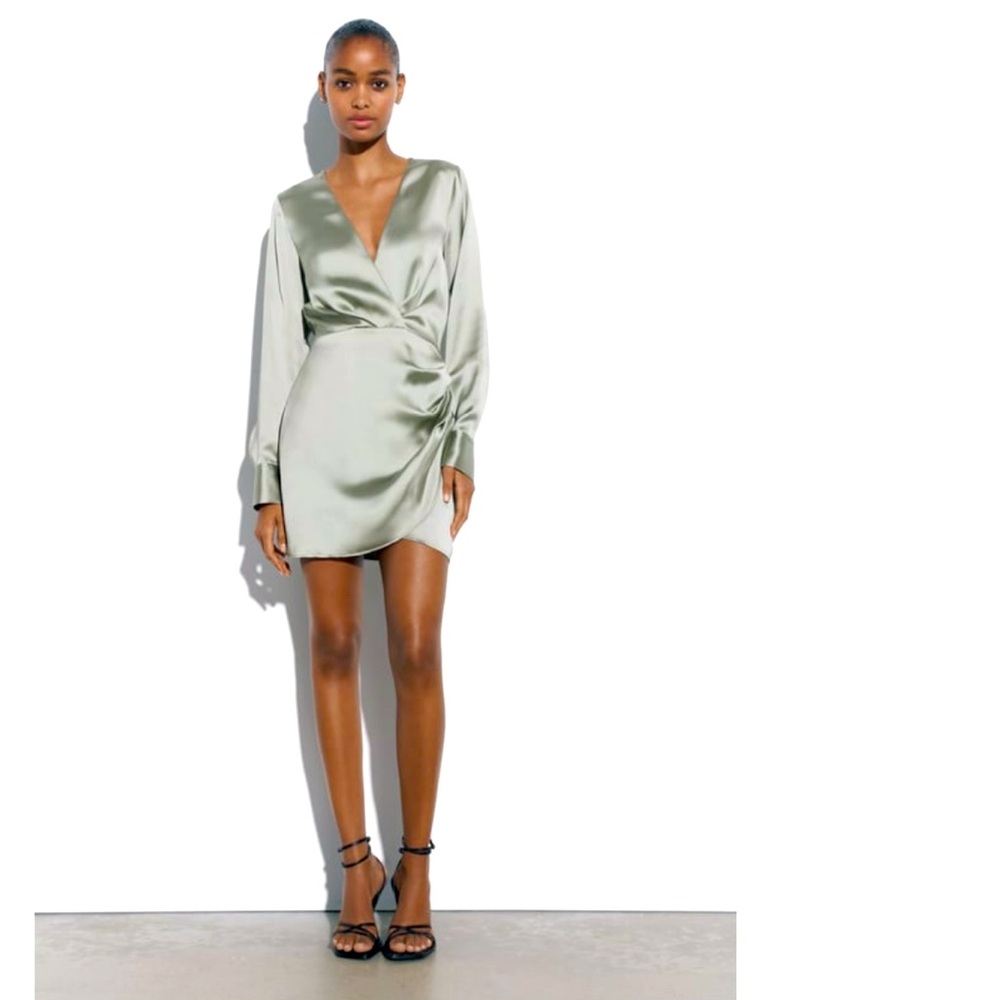 ZARA WRAP FRONT SATIN EFFECT DRESS IN XS GRAY GREEN